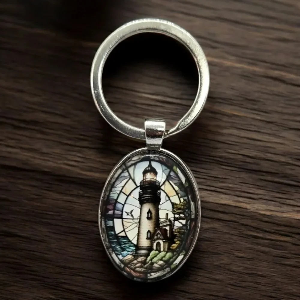 Lighthouse Cabochon Keyring Stained Glass Keychain Key Ring Bag Accessory Chain